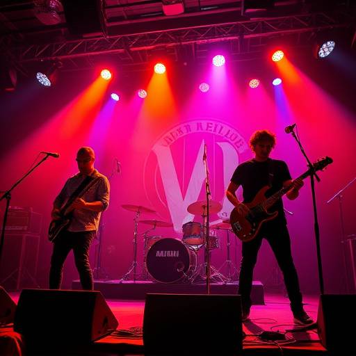 Cena de um videoclipe com uma banda tocando em um palco