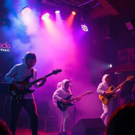 Cena de um videoclipe da banda 'Os Astronautas' tocando em um clube noturno.