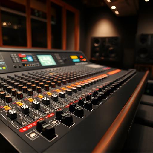 Console de mixagem SSL com faders e knobs iluminados em um ambiente de estüdio