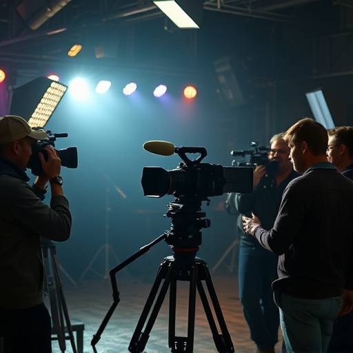 Equipe de filmagem trabalhando em um set com câmeras, iluminaäão e microfones