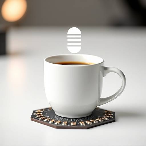 Logotipo do podcast 'Café com Bytes', mostrando uma xícara de café e um circuito integrado.